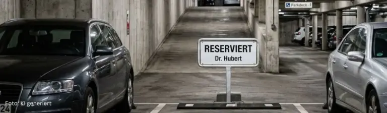 Parkhaus-Szene mit Betonwänden. Am linken und rechten Rand sind Firmenwagen angeschnitten, während der mittlere, freie Parkplatz reserviert ist. Schild: Reserviert Dr. Hubert.