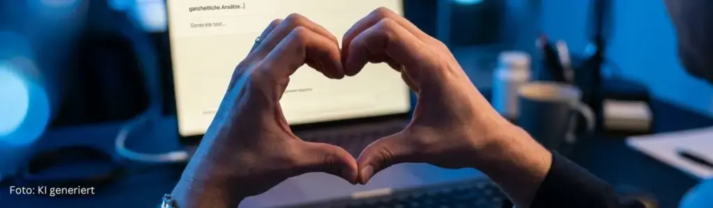 Ein mit fingern geformtes Herz vor einem Laptop mit KI-generiertem Text