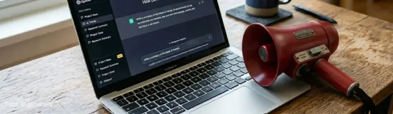 Rotes Megafon auf Laptop-Tastatur, auf dem Screen ChatGPT