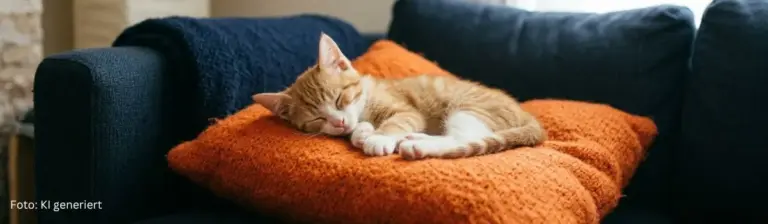 Kätzchen schlummert wohlig schlafend auf einem orangen kuscheligen kissen in dunkelblauer Sofaecke