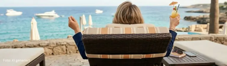 Frau auf Sonnenliege am Strand hält in der rechten Hand ein Cocktail-Glas