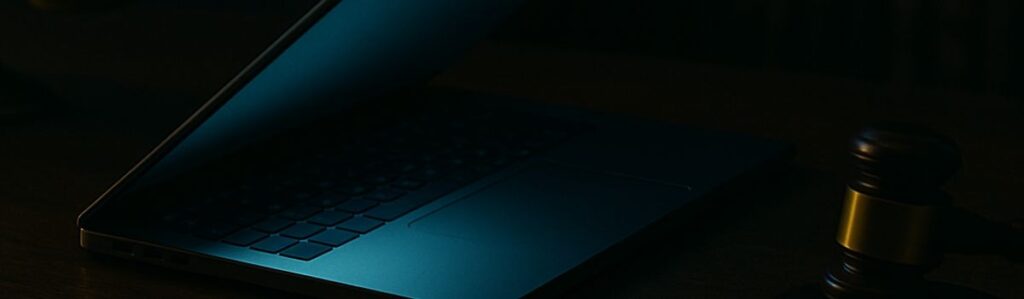Leicht geöffneter Laptop auf einem Juristenschreibtisch mit geheimnisvollem Displayleuchten