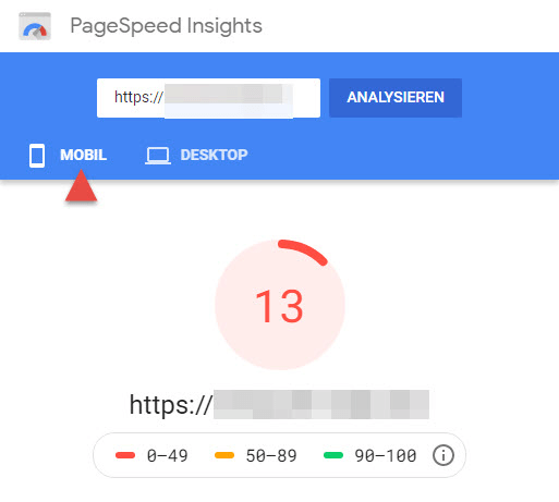 Google PageSpeed Ergebnis für Mobilgerät
