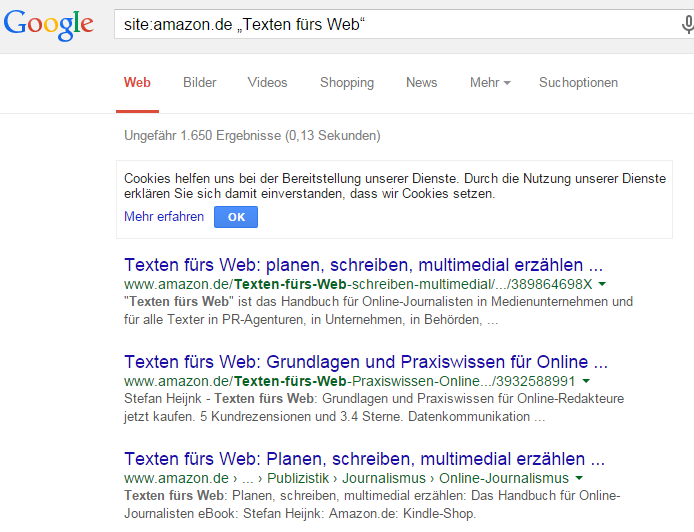 Ergebnisse: Texten fürs Web Google-Website-Suche