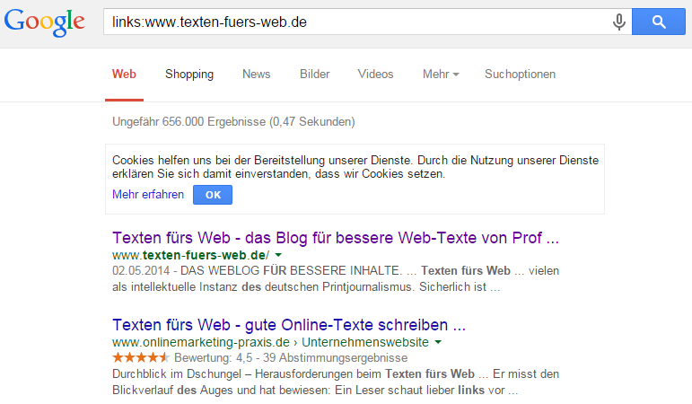 Ergebnisse: Texten fürs Web Google-Verlinkungs-Suche