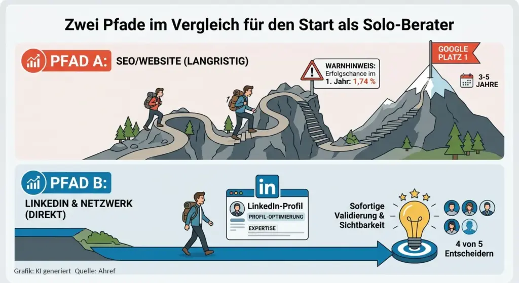 Zwei Sichtbarkeits-Pfade im Vergleich für Solo-Berater