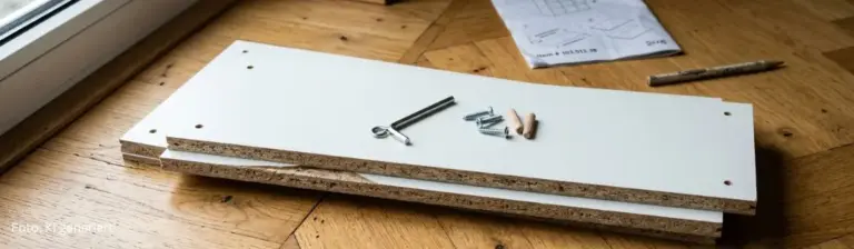 Regalbretter auf Parkettboden mit Montage-Werkzeug