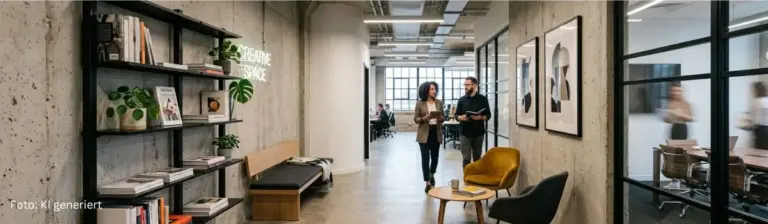 Weitläufiger Agenturflur mit Sichtbetonwänden und Designmöbeln.