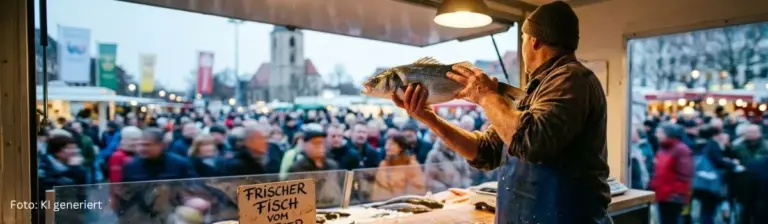 Marktschreier in einem Verkaufswagen, der einen Fisch anpreist. Im Hintergrund unscharf vor dem Stand eine Menschenmenge.