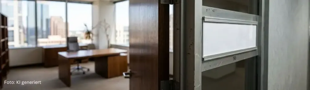 Bild zeigt leeres Eckbüro einer entlassenen Führungskraft, am Türrahmen ein leeres Namensschild.