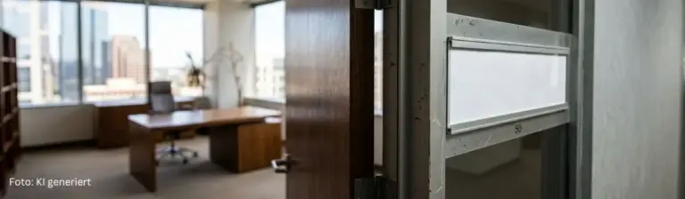Bild zeigt leeres Eckbüro einer entlassenen Führungskraft, am Türrahmen ein leeres Namensschild.