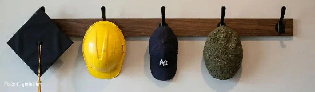 Reihe Garderobenhaken mit vier Kopfbedeckungen, die verschiedene Berufsrichtungen symbolisieren. Ein Haken ist leer.