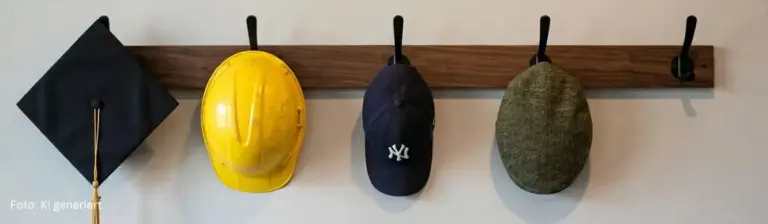 Reihe Garderobenhaken mit vier Kopfbedeckungen, die verschiedene Berufsrichtungen symbolisieren. Ein Haken ist leer.