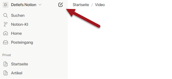 Screenshot: Wie man mit Notion eine Prompt-Datenbank erstellt … zeigt das Notion-Dashboard mit einem roten Pfeil, der auf das Bearbeitungssymbol in der oberen linken Ecke hinweist.