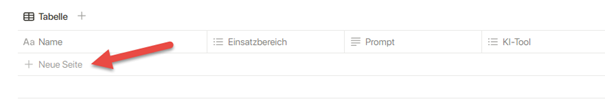 Screenshot: zeigt eine Notion-Tabelle, wobei ein roter Pfeil auf die Schaltfläche '+ Neue Seite' hinweist.