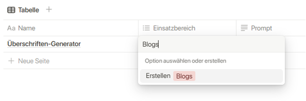 Screenshot: zeigt eine Notion-Tabelle, in der ein neuer Eintrag 'Überschriften-Generator' erstellt wird. Ein Dropdown-Menü zur Auswahl des Einsatzbereichs zeigt die Option 'Blogs' an.