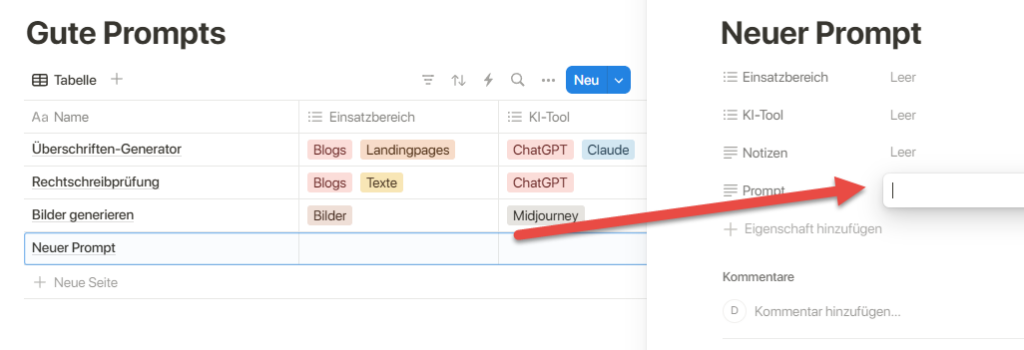 „Screenshot: zeigt eine geöffnete Detailansicht eines neuen Prompt-Eintrags. Ein roter Pfeil weist auf das Eingabefeld für den Prompt-Text hin.