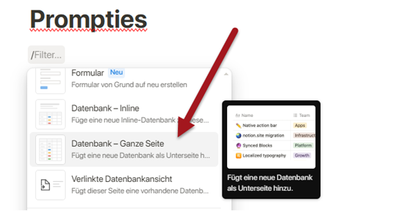 Screenshot: zeigt eine Notion-Seite mit dem Titel 'Prompties' und einem roten Pfeil, der auf den Bereich für die Eingabe neuer Inhalte hinweist.