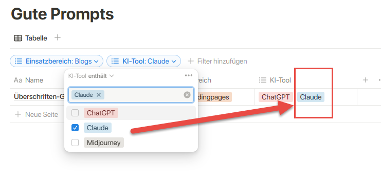 Screenshot: Wie man mit Notion eine Prompt-Datenbank erstellt … zeigt eine Notion-Tabelle mit aktiven Filtern für 'Einsatzbereich: Blogs' und 'KI-Tool: Claude'. Ein roter Pfeil weist auf die Filterauswahl in der 'KI-Tool'-Spalte.