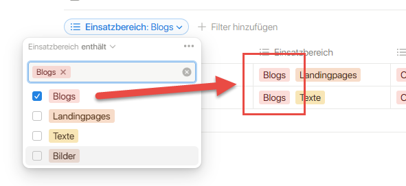 Screenshot: Wie man mit Notion eine Prompt-Datenbank erstellt … zeigt eine Notion-Tabelle mit einem aktiven Filter für den 'Einsatzbereich'. Die Option 'Blogs' ist ausgewählt und die entsprechenden Einträge werden gefiltert angezeigt.