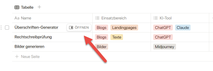 Screenshot: zeigt eine Notion-Tabelle mit mehreren Einträgen. Ein roter Pfeil weist auf den Button 'ÖFFNEN' neben dem Eintrag 'Überschriften-Generator' hin.