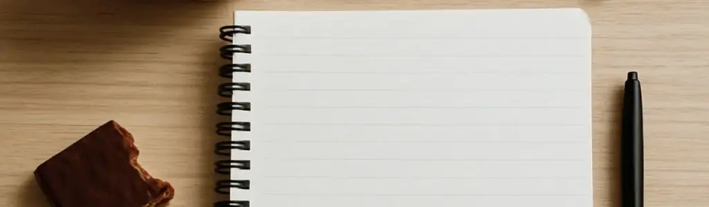 Arbeitsplatz aus der Vogelperspektive mit angebissenem Keks, aber das Notizbuch bleibt leer: Schreibblockade total.