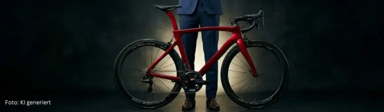 Teures rotes Rennrad mit Manager dahinter