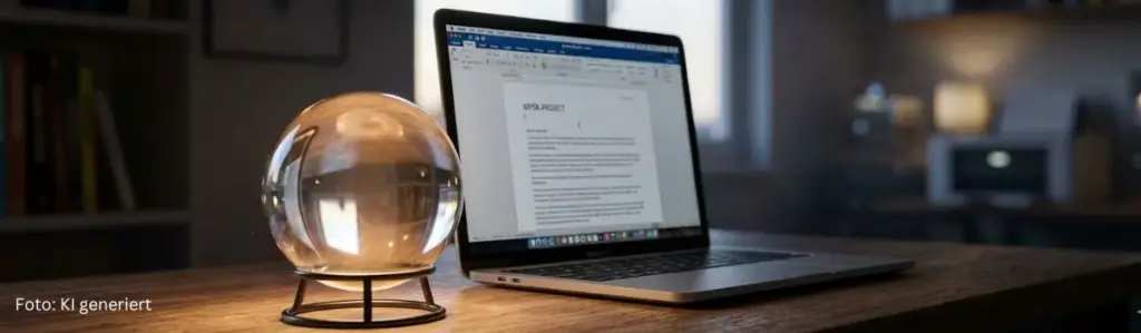 Glaskugel vor einem aufgeklappten Laptop mit geöffnetem Textdokument