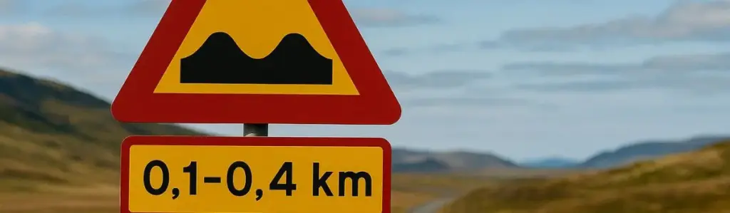 Verkehrszeichen "Achtung Bodenwellen" vor isländischer Landschaft
