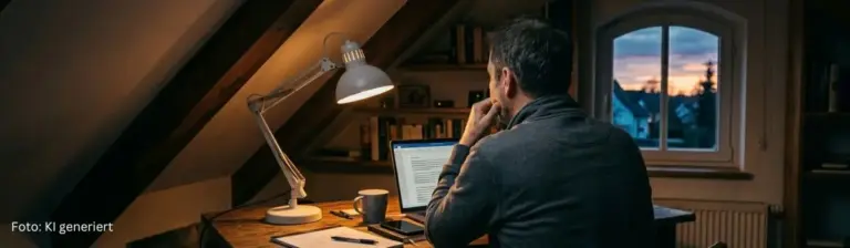Mann im Homeoffice unter dem Dach blickt auf Laptop mit geöffnetem Textdokument