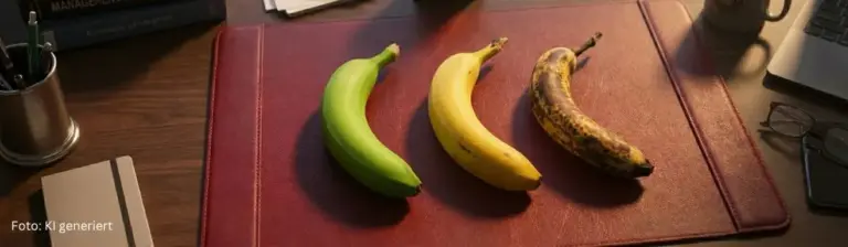 3Bananen in unterschiedlichen Reifegraden auf einer roten Schreibtischunterlage