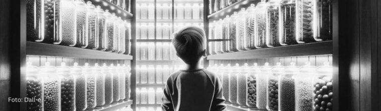 Ein Kind steht in einem Süßwarenladen und starrt auf die unzählige Auswahl an bunten Süßigkeiten in großen Gläsern, die in Reihen auf hohen Regalen stehen, um sich über KI-Tools zur Textproduktion und die Fülle der Auswahl zu informieren.
